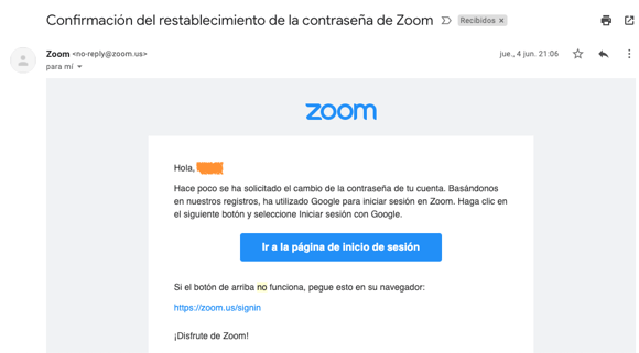 Ejemplo de confirmación de Zoom con no-reply