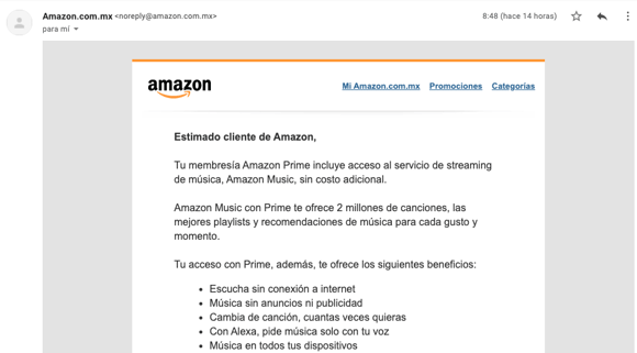 Ejemplo de confirmación de pedido de Amazon con no-reply