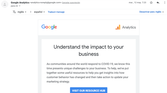 Ejemplo de correo con no-reply de Google Analytics