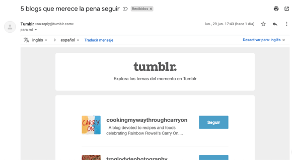 Ejemplo de correo con no-reply de Tumblr