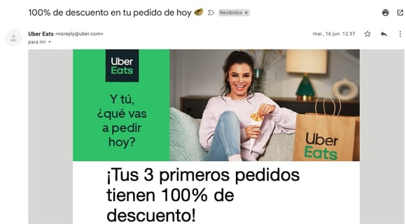 Ejemplo de correo de Uber Eats con no-reply