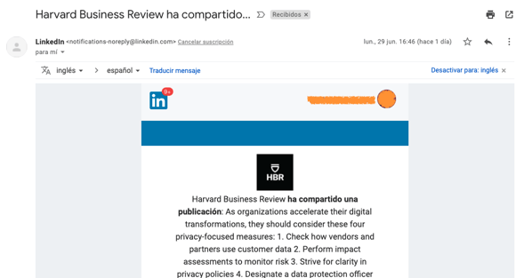 Ejemplo de correo de notificación con no-reply de LinkedIn