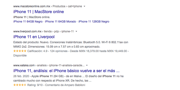 Ejemplo de schema markup en Google en la búsqueda «iPhone 11»