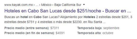 Ejemplo de schema markup en una búsqueda sobre «Hoteles en Los Cabos»