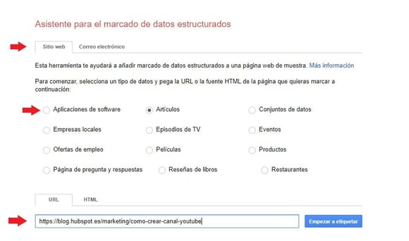 Elegir tipo de contenido y añadir URL en el asistente para el marcado de datos estructurados