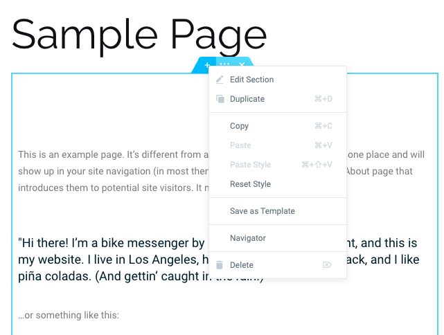 elementor wordpress: How to use Elementor with WordPress  Elementor section editor menu with several options, including Duplicate, Save as Template, and Delete