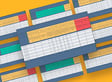 Colorful spreadsheet layout with multiple sections and highlighted rows on an orange background, displaying various data points and categories.