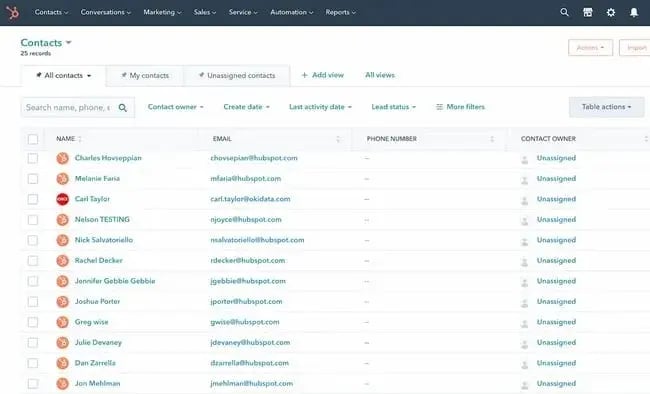 Example of contacts list in HubSpot��s CRM view and its cleaner organization of information  vs a spreadsheet