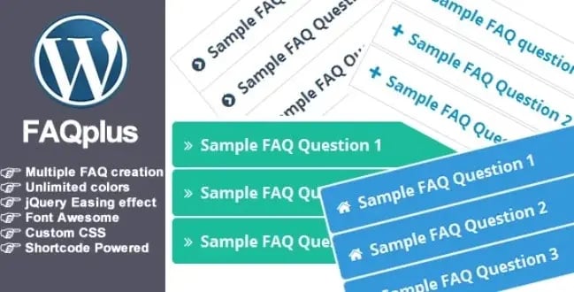FAQ Plus plugin download page with benefits of the plugin and colorful mock ups of what the plugin looks like