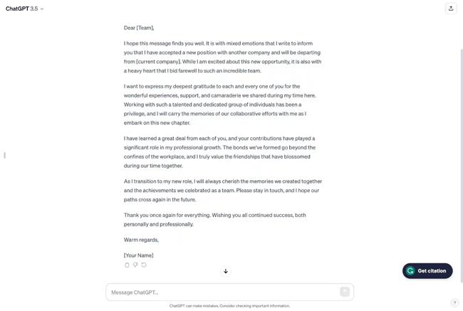 Farewell email for the entire team