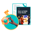 A hand holding a colorful cube, accompanied by a vibrant graphic featuring diverse individuals interacting, along with text titled 
