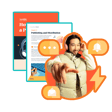 Young man wearing headphones and a light vest smiles while gesturing playfully, surrounded by colorful icons related to podcasting, including a speech bubble, bell, and envelope, alongside a partially visible document titled 