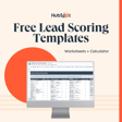 Lead scoring template displayed on a computer screen with a large orange circle in the background, promoting free resources from HubSpot for lead management.