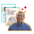 Smiling young man in a blue shirt with promotional guides about advertising displayed in the background, featuring a target graphic and colorful accents.
