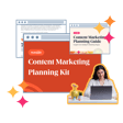 A woman sitting at a desk with a laptop, surrounded by colorful graphic elements featuring marketing materials, including a prominently displayed 