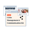 Crisis Management and Communication Kit from ���ϳԹ��� featuring a business impact analysis table and a photo of a team discussing a business continuity plan.
