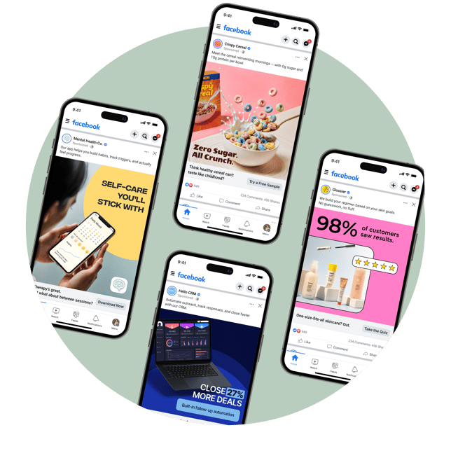 Four smartphones displaying social media marketing content and analytics arranged in a circle on a green background