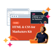 A smiling man in a polo shirt sits at a desk with a laptop, surrounded by colorful graphics related to HTML and CSS resources for marketers, including a guide and a kit title displayed prominently.