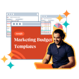 A man smiling while using a laptop, surrounded by colorful marketing budget templates and charts, with the text 