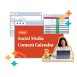 Woman sitting at a desk with a laptop, looking at the camera, surrounded by colorful graphics and spreadsheets titled 