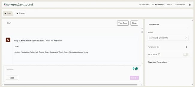 First blog outline on Cohere Playground, AI text generation on Cohere Playground