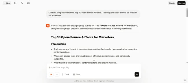 First blog outline output by Mistral AI Chat, AI-generated text by Mistral AI Chat