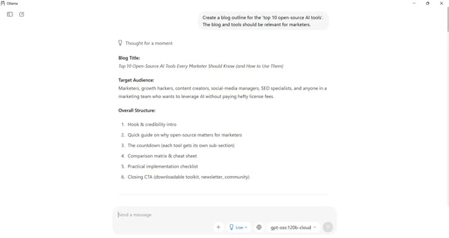 First blog outline output by Ollama with ‘gpt-ss120b-cloud’ model, AI-generated text by Ollama