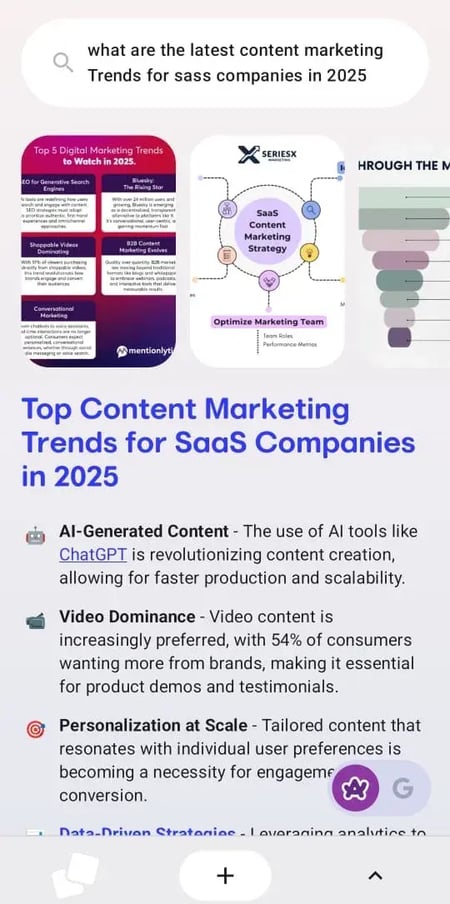 First search output by Arc Search AI search engine, AI-generated search result by Arc Search