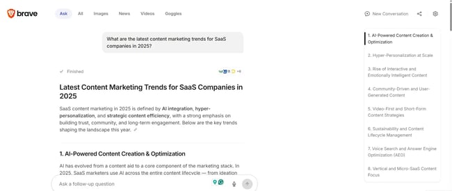 First search output by Brave search engine, AI-generated search result by Brave