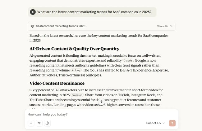 First search output by Claude AI search engine, AI-generated search result by Claude