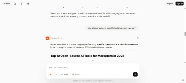 Follow-up prompt output by Mistral AI Chat, AI-generated text by Mistral AI Chat
