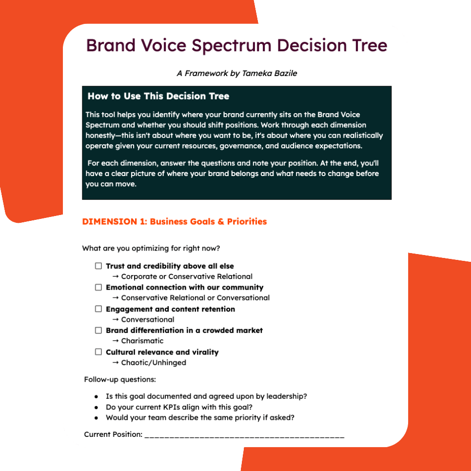 Tameka's brand voice spectrum decision tree