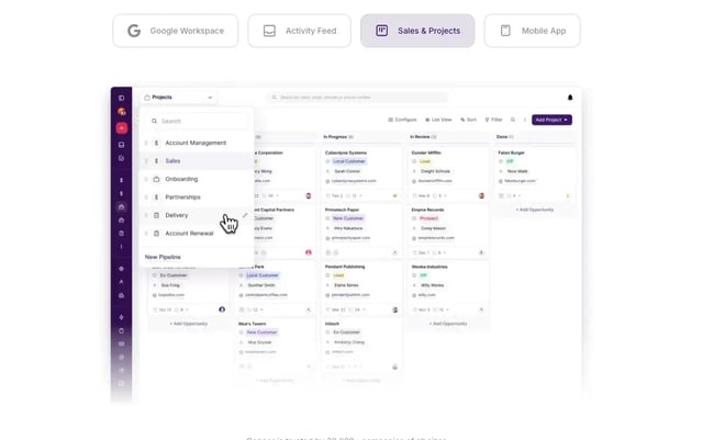 Copper CRM for Google Workspace showing projects, sales pipeline, and account management integrated into familiar Google tools