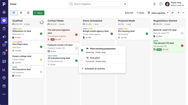 Pipedrive client management app showing a sales pipeline with deals organized by stage.