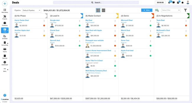 Ravetree deal pipeline kanban board with deals organized by stage, payment status, and project portfolio metrics