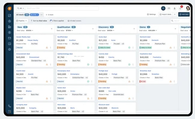 Freshsales client management app showing a deal pipeline