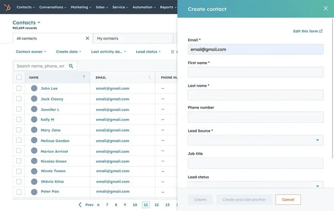 HubSpot Smart CRM contact creation form with client email, name, and lead source fields alongside contact list