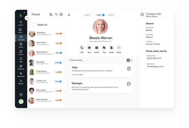 Keap client management software displaying contact record with interaction history, tasks, and messages
