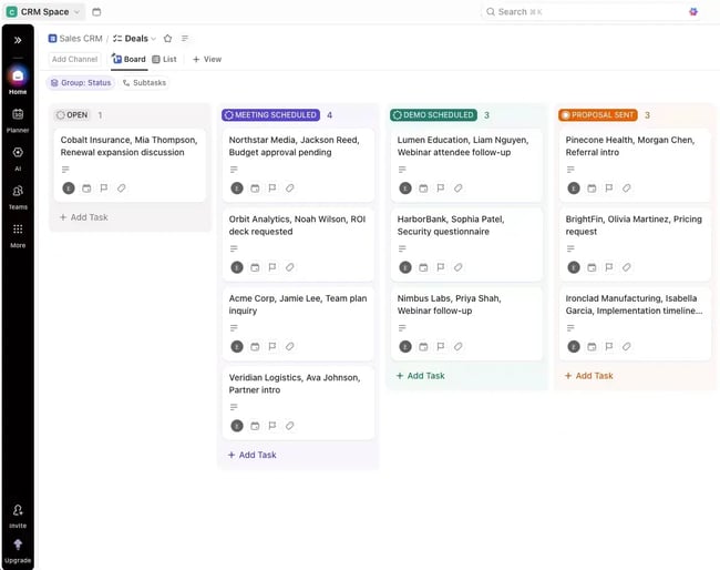 ClickUp CRM board displaying client accounts organized by stage in a Kanban view.