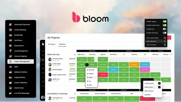Bloom client management software displaying multiple project cards with status indicators, team members, and pricing information