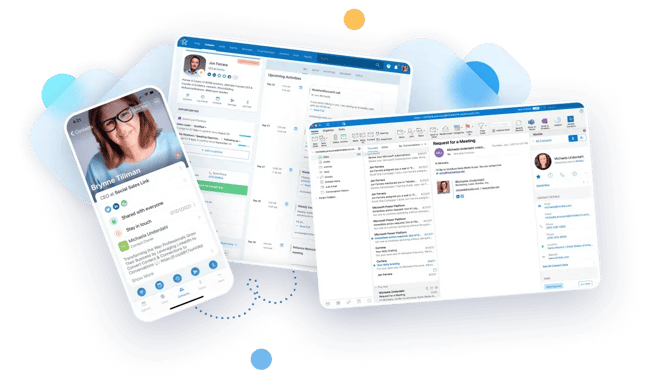 Nimble CRM displaying contact profile with social media integration, activity timeline, and communication channels on mobile and desktop