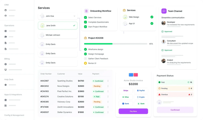 Agency Handy client management software showing services panel, project workflow, team collaboration, and payment status dashboard