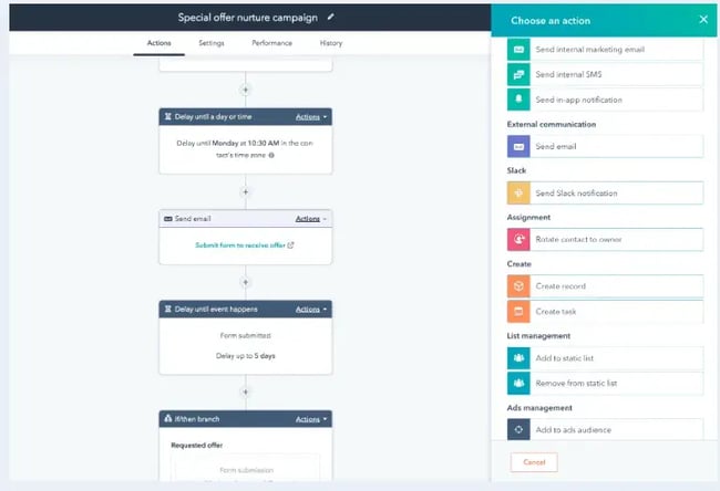 HubSpot workflow automation showing nurture campaign actions and scheduling options
