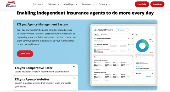 crm for insurance companies EZLynx agency management system dashboard displaying account overview and policy data