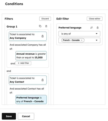 Customer support automation routing rules in HubSpot help desk based on company revenue and a contact’s preferred language