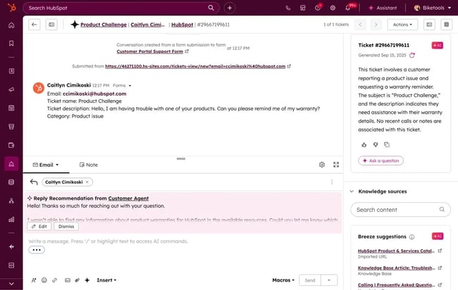 Customer support automation in Service Hub help desk showing an AI ticket summary, reply recommendation, and suggested knowledge sources for a warranty inquiry