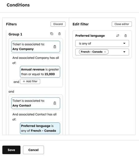 Customer support automation routing conditions in Service Hub help desk based on company revenue and a contact’s preferred language