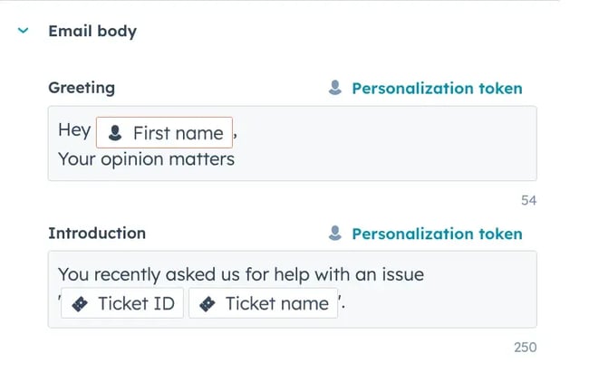 Customer support automation survey email in Service Hub with personalization tokens for the recipient’s first name, ticket ID, and ticket name