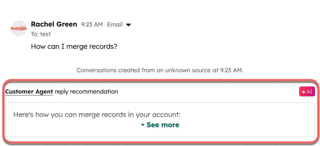 Customer support automation in Service Hub help desk showing an AI reply recommendation for a record-merge question