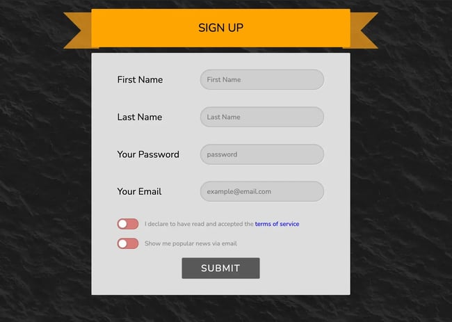 html form templates: Animated sign up form by Oleksii Vylehzhanin